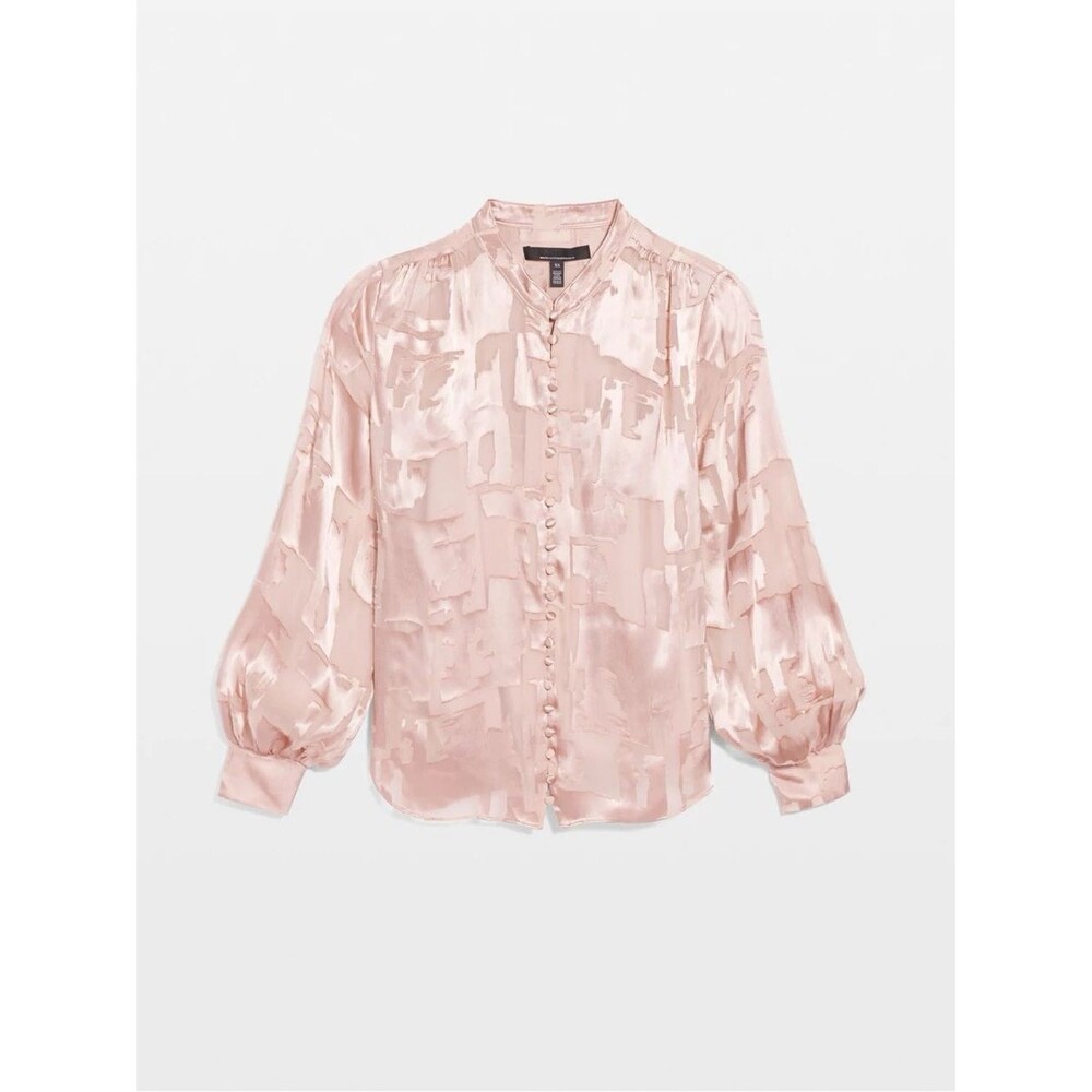 White House BlK Market Long Sleeve Silk Burnout Blouse SZ M Button V Neck G/Rose